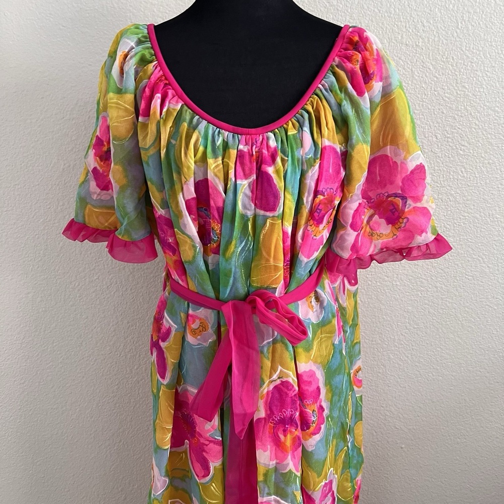 Vintage Jenelle of California Gown Belted Ruffles Floral Lined Colorful Nylon - Picture 6 of 14